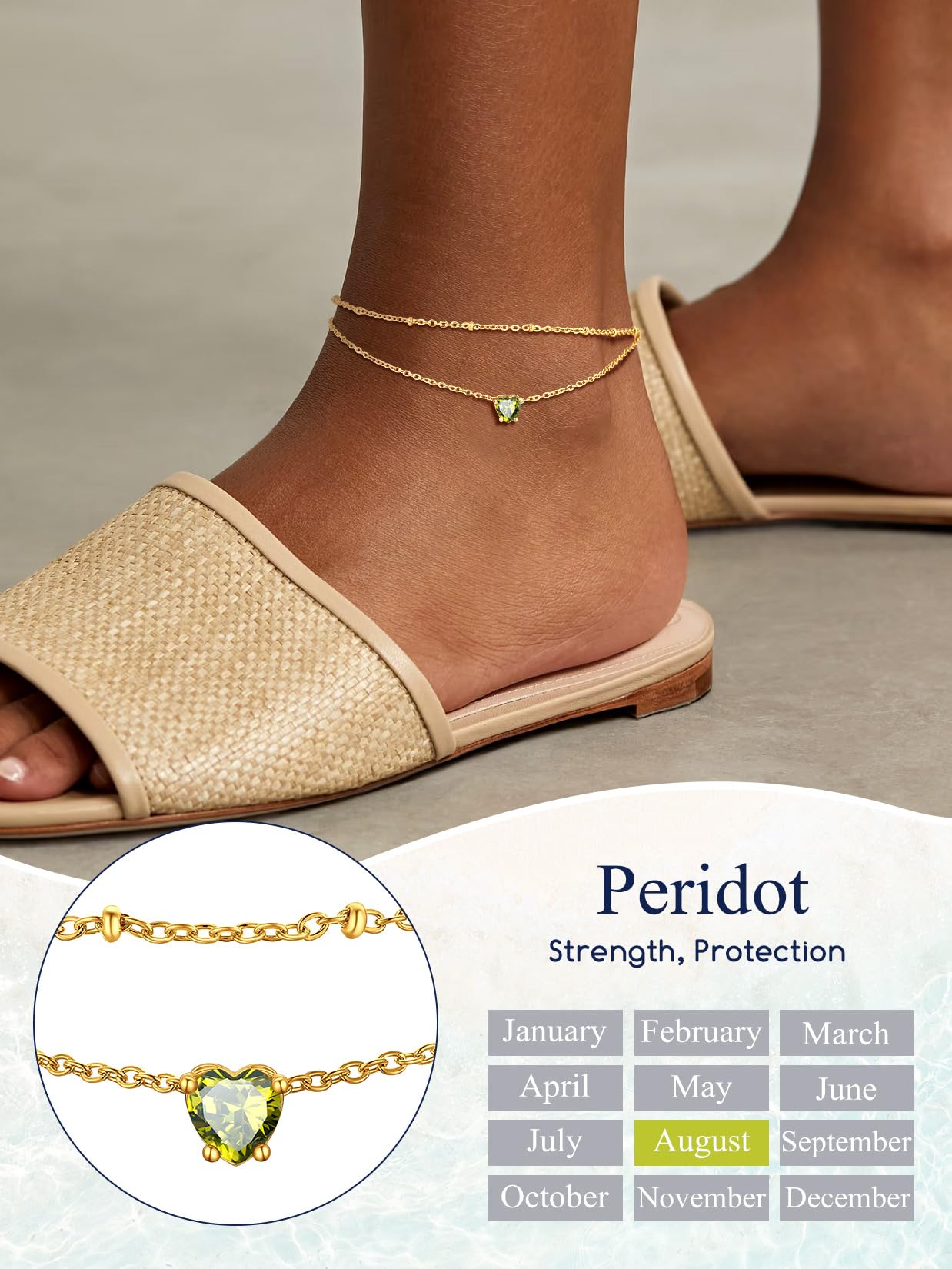 Peridot Heart Birthstone Anklet