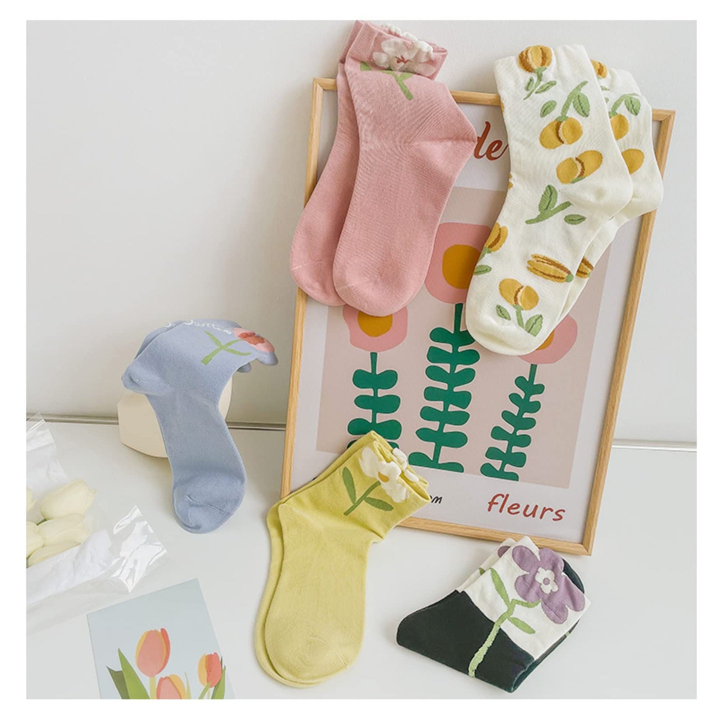 ✨ Tulip Embroidery Ankle Socks – 5‑Pack✨