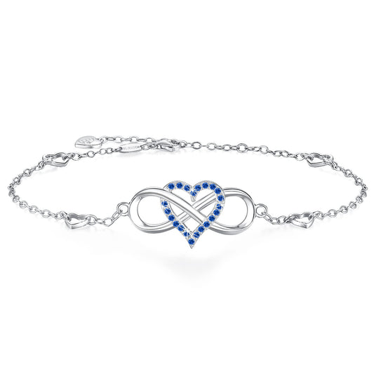 925 Sterling Silver Cubic Zirconia Blue Infinity Heart Ankle Bracelet