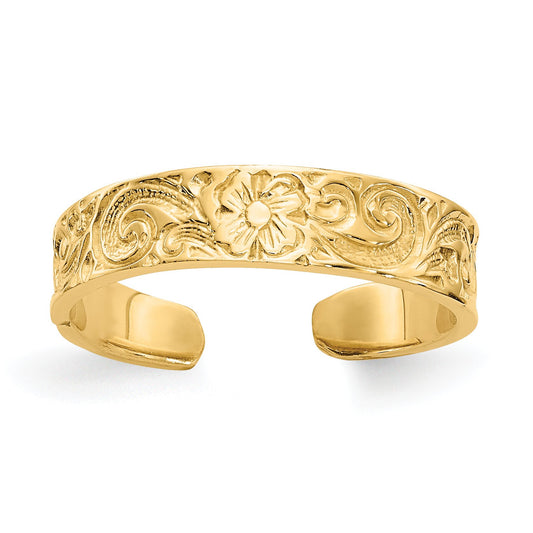 14k Yellow Gold Flower and Scroll Pattern Toe Ring
