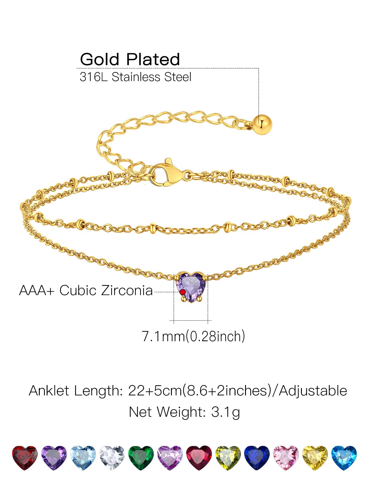 Peridot Heart Birthstone Anklet