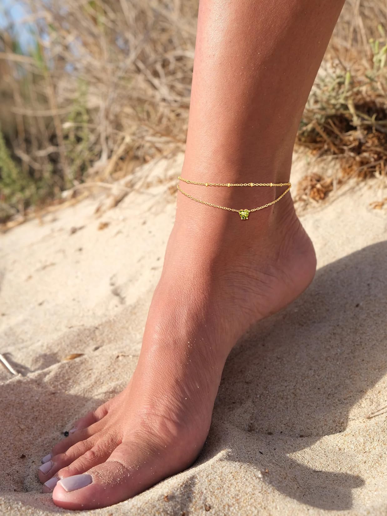 Peridot Heart Birthstone Anklet