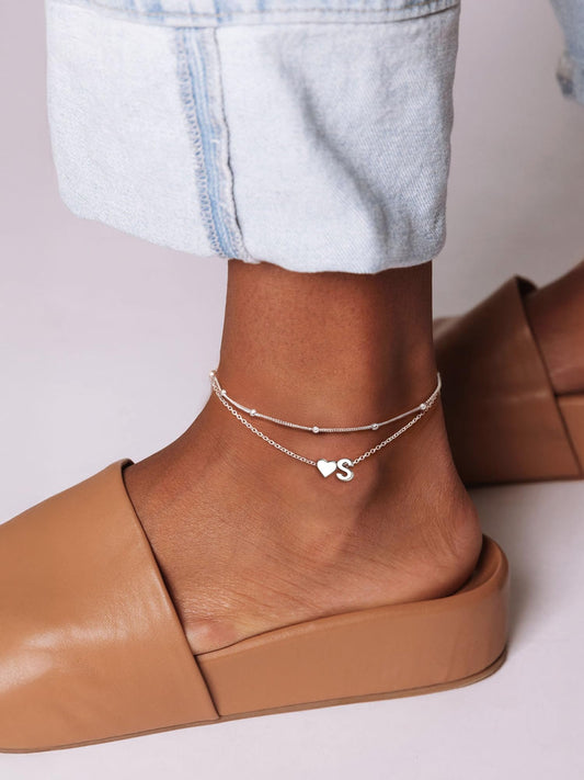 ✨ ChicSilver 925 Sterling Silver Layered Heart & Initial Anklet ✨